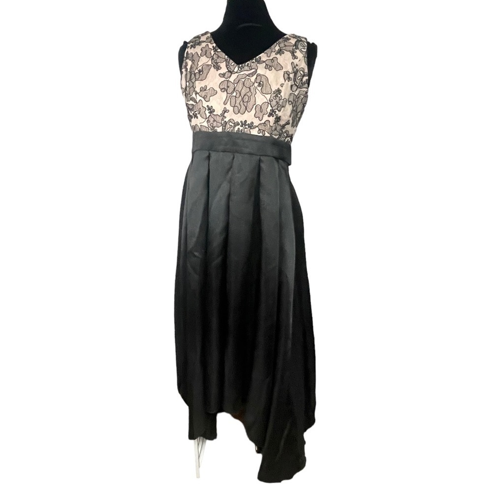 IGNITE Evenings Champage & Black Lace Sleeveless High Low Belted Formal Gown, 12